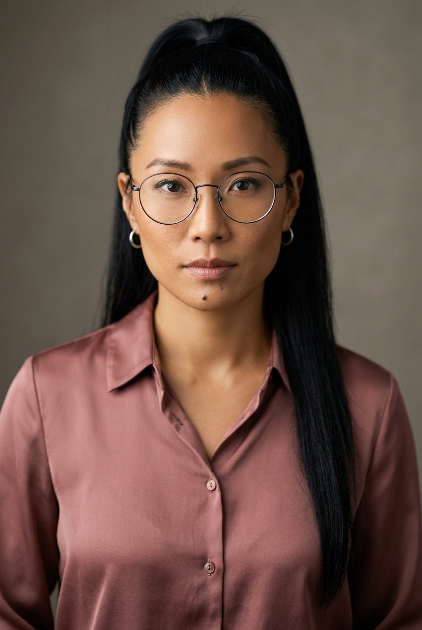 A methodical Korean-American woman in her mid-30s, Seoul-born and San-Francisco-based, now spending time in Zurich. Warm honey-toned complexion, sharp angular bone structure with strong cheekbones and a defined jawline. Long straight black hair worn in a sleek high ponytail with a clean centre parting at the crown. Round wire-frame glasses (different from the standard rectangular), no other facial accessories. Slight athletic build. A dusty-rose silk button-down blouse tucked into dark grey wool wide-leg trousers, minimal silver hoops in both ears, a slim black leather belt, soft loafers. Hands square and capable, no rings. Distinguishing feature: a small dark mole positioned exactly at the centre of her chin — a delicate beauty mark that anchors her face and only becomes more striking when her hair is tied back.