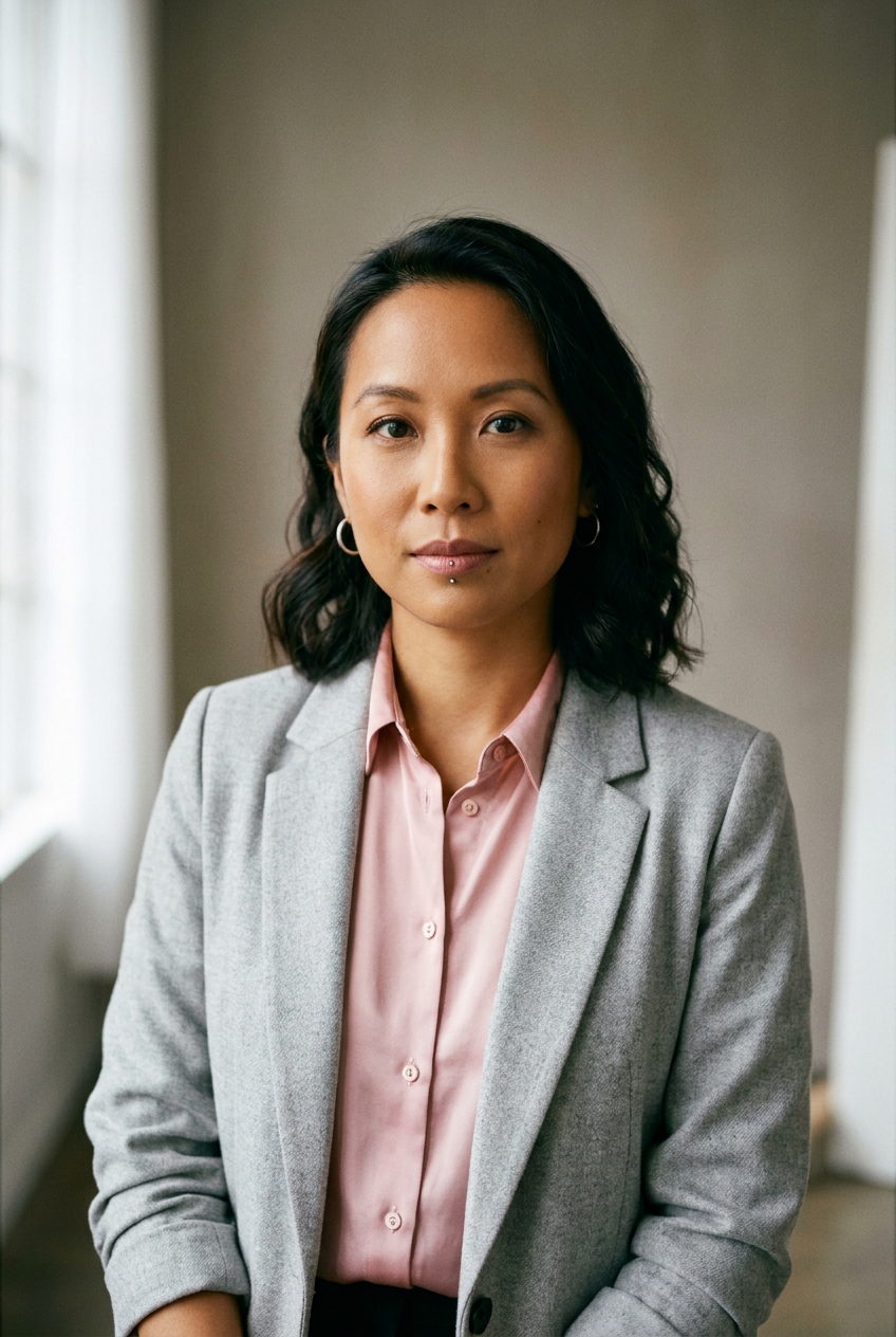 A warm Vietnamese-Canadian woman in her mid-30s, Toronto-raised with family heritage from Saigon, now Zurich-based. Warm honey-toned complexion with a subtle natural rose at the cheekbones, soft full features. Glossy black hair worn in a shoulder-length cut with a soft natural wave, parted in the middle and tucked behind the ears. Dark almond-shaped eyes, soft brows, full mouth. Slight build. A soft baby-pink silk button-down blouse under a tailored light grey wool blazer with the sleeves pushed slightly, slim light grey wool wide-leg trousers, soft cream loafers. Small silver hoops in both ears. Distinguishing feature: a single small lower-lip labret piercing — one discreet stud just below the centre of her lower lip, quietly contemporary against an otherwise polished professional look.