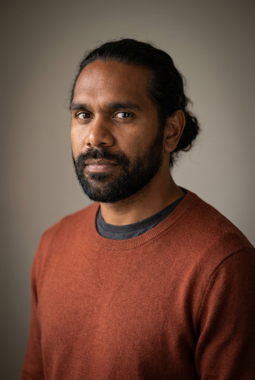 A creative Aboriginal Australian man in his mid-30s, Sydney-born with Arnhem Land heritage, now Zurich-based, who renders the slide decks. Warm deep-brown complexion. Dark wavy hair worn long and tied back in a low bun at the nape, with a full dark beard kept neat. Warm dark eyes, strong defined brows. Average athletic build. A warm rust fine-knit jumper over a charcoal tee, dark charcoal trousers, brown leather boots. Distinguishing feature: long dark hair tied back in a low bun paired with a full neat dark beard — a distinctive silhouette that sets him apart in the company.