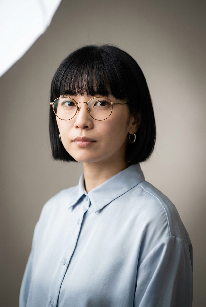 A precise Japanese woman in her mid-30s, Tokyo-born and Zurich-based. Pale honey-toned complexion with very fine-grained skin. Glossy black hair worn in a sleek bob cut at the jawline with a clean heavy fringe, no parting visible, the cut precise and recent. Dark almond-shaped eyes, calm controlled features. Slim build, contained posture. A pale powder-blue silk button-down blouse tucked into soft taupe wool wide-leg trousers, small silver hoops in both ears, a slim black leather belt, soft cream loafers. Distinguishing feature: round brass-frame vintage spectacles in warm antique gold tone — a distinct departure from the steel and tortoiseshell frames worn elsewhere in the company, signalling her measurement-driven precision style.