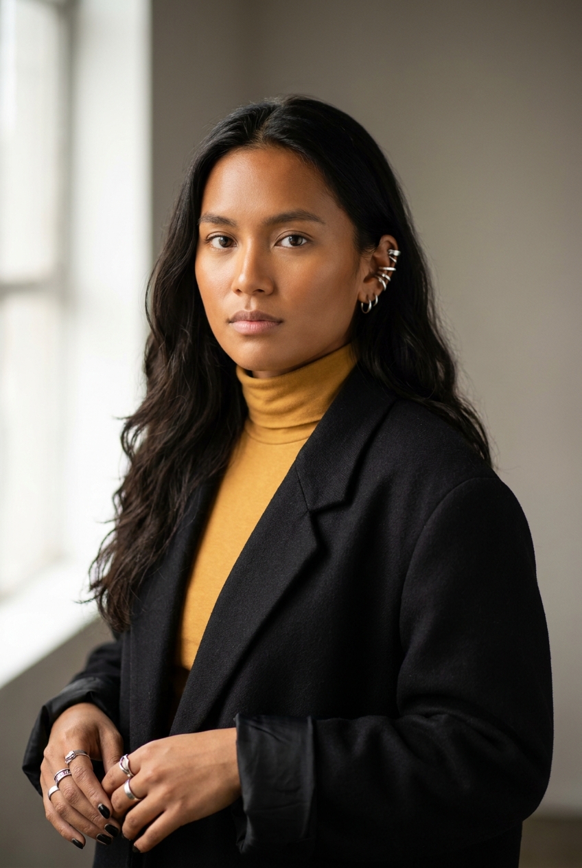 A vivid Mexican-American non-binary person in their late 20s, LA-born, currently spending time in Zurich. Warm bronze complexion with a healthy California glow, expressive dark-brown eyes, dark naturally defined eyebrows, no makeup beyond a sharp dark lip line. Glossy black hair worn long, loose to the mid-back with subtle natural waves, parted slightly off-centre. Slight, dynamic build. A fitted mustard-yellow turtleneck under a long oversized black wool blazer with rolled sleeves, slim black jeans, chunky white-and-black sneakers. Multiple thin silver rings on the fingers of the left hand, painted black nails. Distinguishing feature: a striking stack of silver ear cuffs and small hoops running up the right ear in a deliberate signature arrangement — three cuffs ascending the helix, two small hoops in the lobe, the left ear bare for contrast.