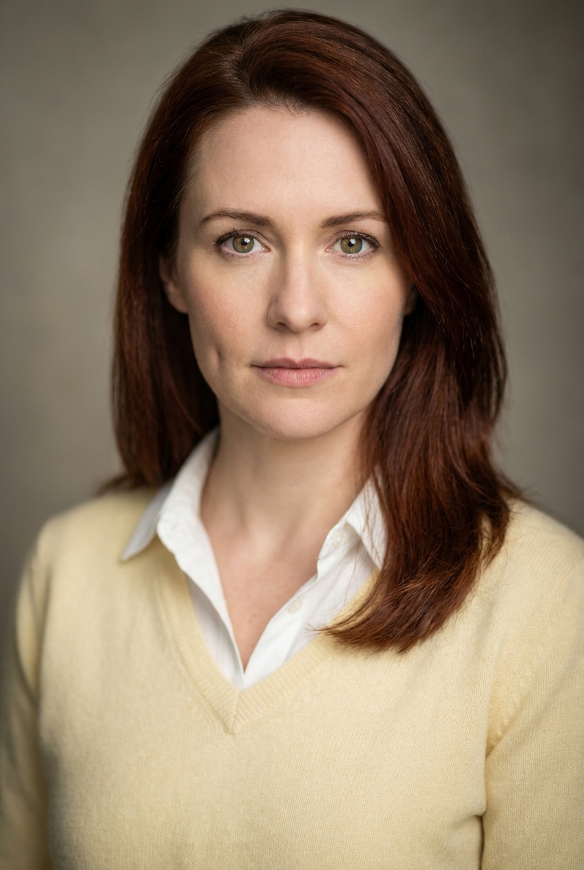 A warm Scottish-English woman in her late 30s, Edinburgh-born and London-based. Fair complexion with a soft natural rose at the cheekbones, no visible weathering — the warmth of someone who teaches for a living. Auburn-chestnut shoulder-length hair worn loose with subtle natural waves, parted softly on one side and tucked behind one ear. Hazel-green eyes with thick natural lashes, soft brows. Slim build with calm upright posture. A soft buttercream-yellow cashmere v-neck jumper over a crisp white collared shirt with the collar visible, slim oatmeal-coloured wool trousers, soft cream leather loafers. Small gold studs in both ears, a thin delicate gold chain at the neck. Distinguishing feature: a single natural dimple high on her left cheek — only obvious when she concentrates or speaks; at rest it reads as a faint indent that gives her face quiet warmth.
