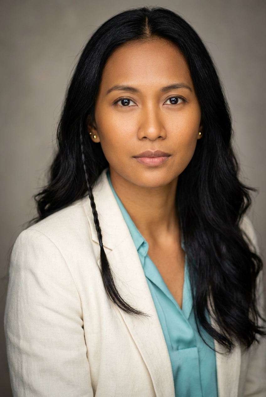 A warm Indonesian woman in her early 30s, Jakarta-born and Zurich-based. Warm golden-brown complexion with a soft natural glow. Glossy black hair worn long and loose to mid-back with a soft natural wave, parted in the middle — with one distinctive element: a single thin braided strand woven into the loose hair on the left side, falling forward past the shoulder. Dark almond eyes, soft full features, gentle brows. Slight build. A soft turquoise silk blouse under a cream linen blazer, slim cream trousers, soft tan loafers, small gold studs. Distinguishing feature: the single thin braided strand woven into the loose black hair on the left side — a small personal signature that catches the eye against the otherwise loose waves.