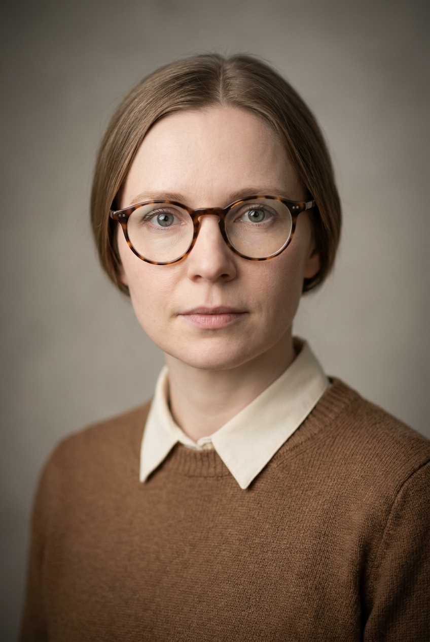 A precise Latvian woman in her mid-30s, Riga-born and Zurich-based, who parses raw source documents. Pale Baltic complexion with cool undertones. Light-brown hair worn in a neat shoulder-length cut with a centre parting, tucked behind the ears. Pale grey-green eyes, fine brows. Slim build with careful posture. A warm sepia-brown fine-knit jumper over a cream collared shirt, slim brown wool trousers, brown leather loafers. Distinguishing feature: heavy round tortoiseshell glasses with a warm amber frame — a soft, full round shape distinct from the rectangular and angular eyewear elsewhere in the company.