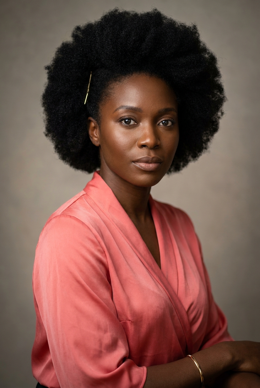A warm Nigerian woman in her late 30s, Lagos-born and London-based, now Zurich-resident. Rich deep-brown complexion with healthy luminosity, expressive dark-brown eyes with thick natural lashes, full mouth, strong jawline. Hair worn natural in a full glossy black afro held high — afro-as-statement, no straightening, with a single thin gold hair pin holding it back on the left side. Slim athletic build with calm strong presence. A coral-pink silk wrap blouse with elegant draping, tucked into slim cream wool wide-leg trousers, bronze leather sandals. A slim gold bangle on the right wrist. Distinguishing feature: the full natural high afro paired with the single thin gold hair pin on the left side — the silhouette of her hair is the first thing visible in any image of her.
