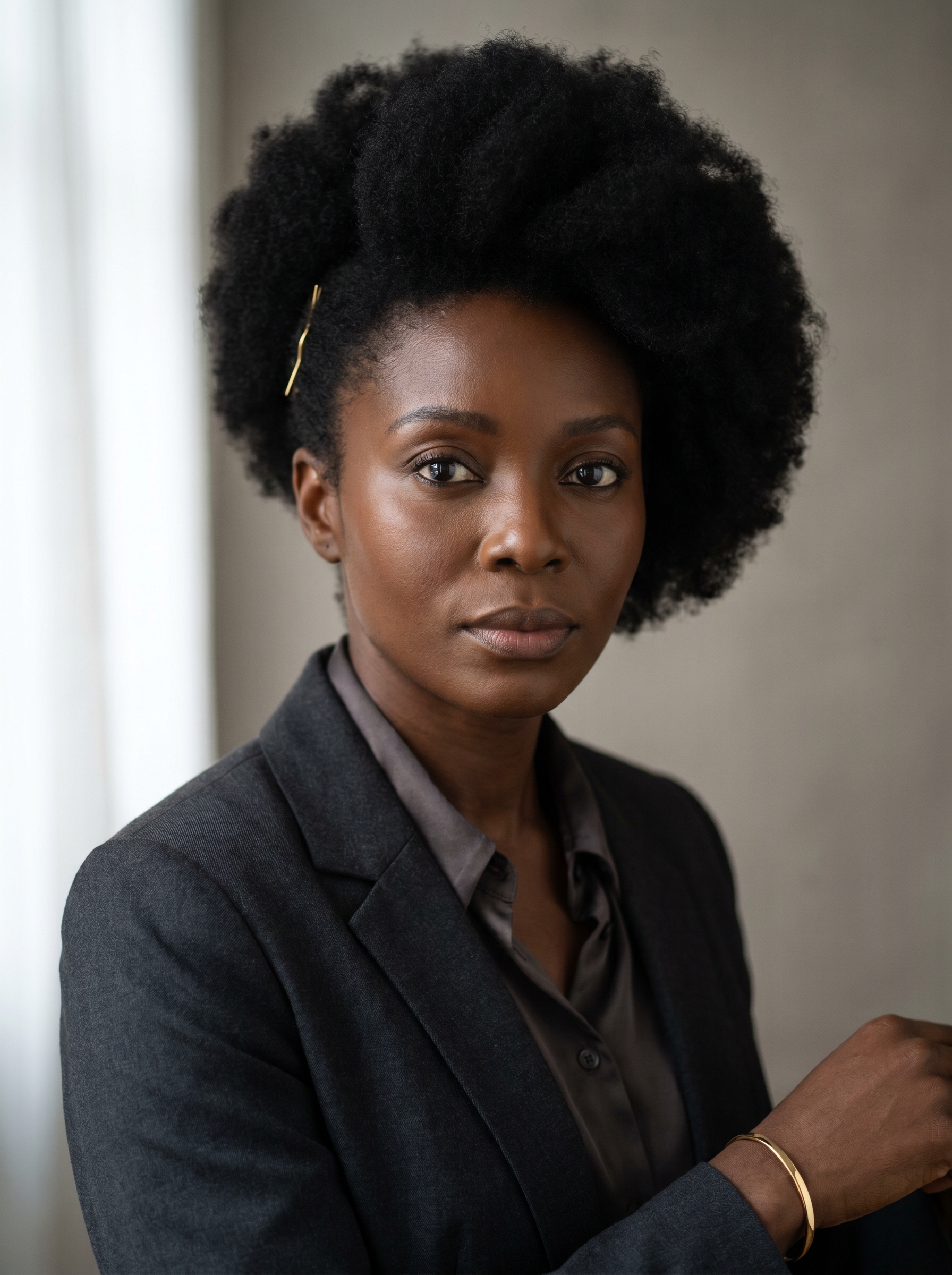 A warm Nigerian woman in her late 30s, Lagos-born and London-based, now Zurich-resident. Rich deep-brown complexion with healthy luminosity, expressive dark-brown eyes with thick natural lashes, full mouth, strong jawline. Hair worn natural in a full glossy black afro held high — afro-as-statement, no straightening, with a single thin gold hair pin holding it back on the left side. Slim athletic build with calm strong presence. A formal business attire, tucked into slim cream wool wide-leg trousers, bronze leather shoes. A slim gold bangle on the right wrist. Distinguishing feature: the full natural high afro paired with the single thin gold hair pin on the left side — the silhouette of her hair is the first thing visible in any image of her.