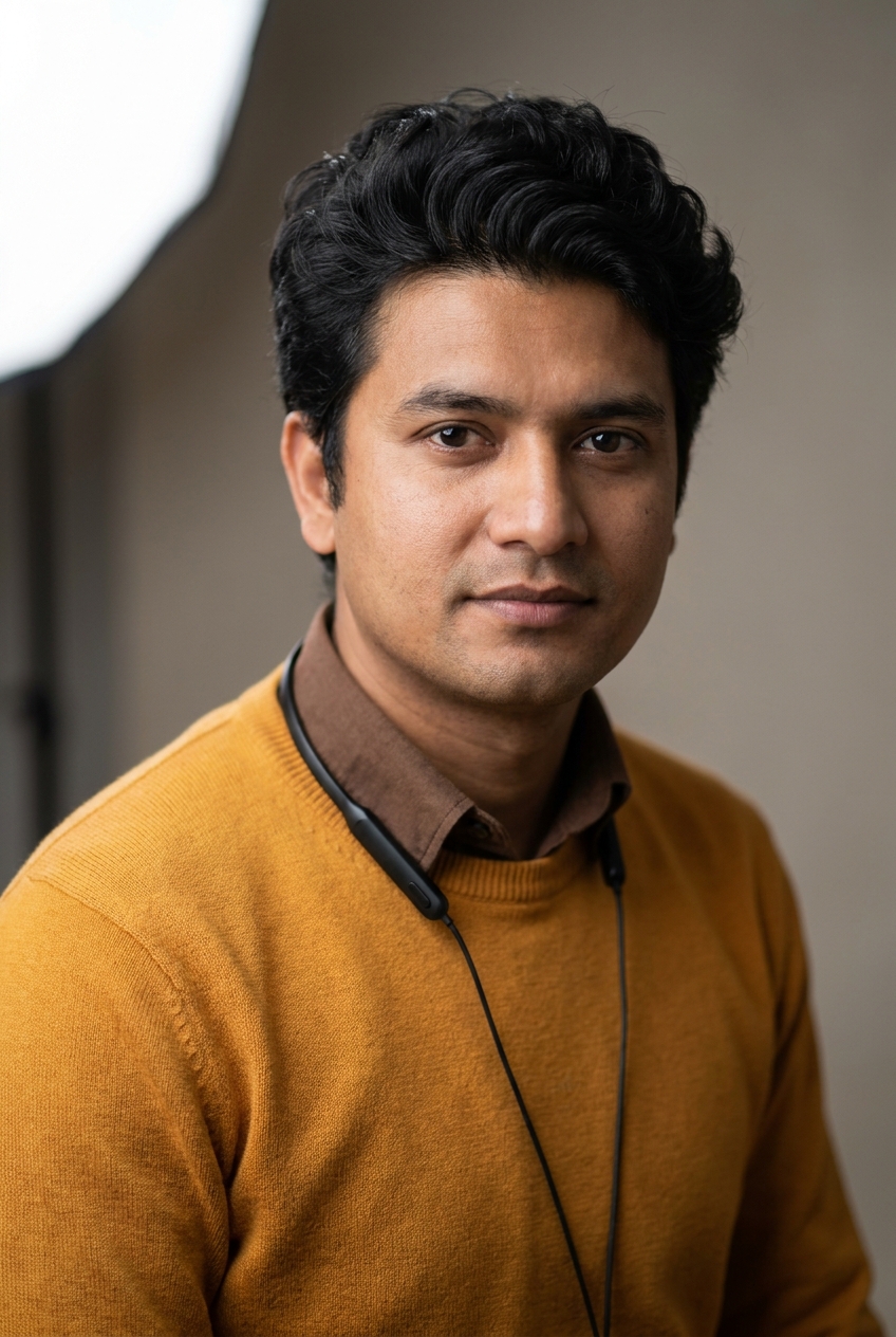 A patient Nepali man in his early 30s, Kathmandu-born and Zurich-based, the helpful problem-solver. Warm light-brown complexion. Thick wavy black hair worn slightly long and naturally tousled. Warm dark eyes, soft brows, an easy approachable expression. Slim build. A warm marigold fine-knit jumper over a soft-brown collared shirt, brown wool trousers, brown leather sneakers, a slim support headset resting around the neck. Distinguishing feature: a warm easy smile showing slightly crooked front teeth — an unpolished, genuine warmth that immediately puts learners at ease.