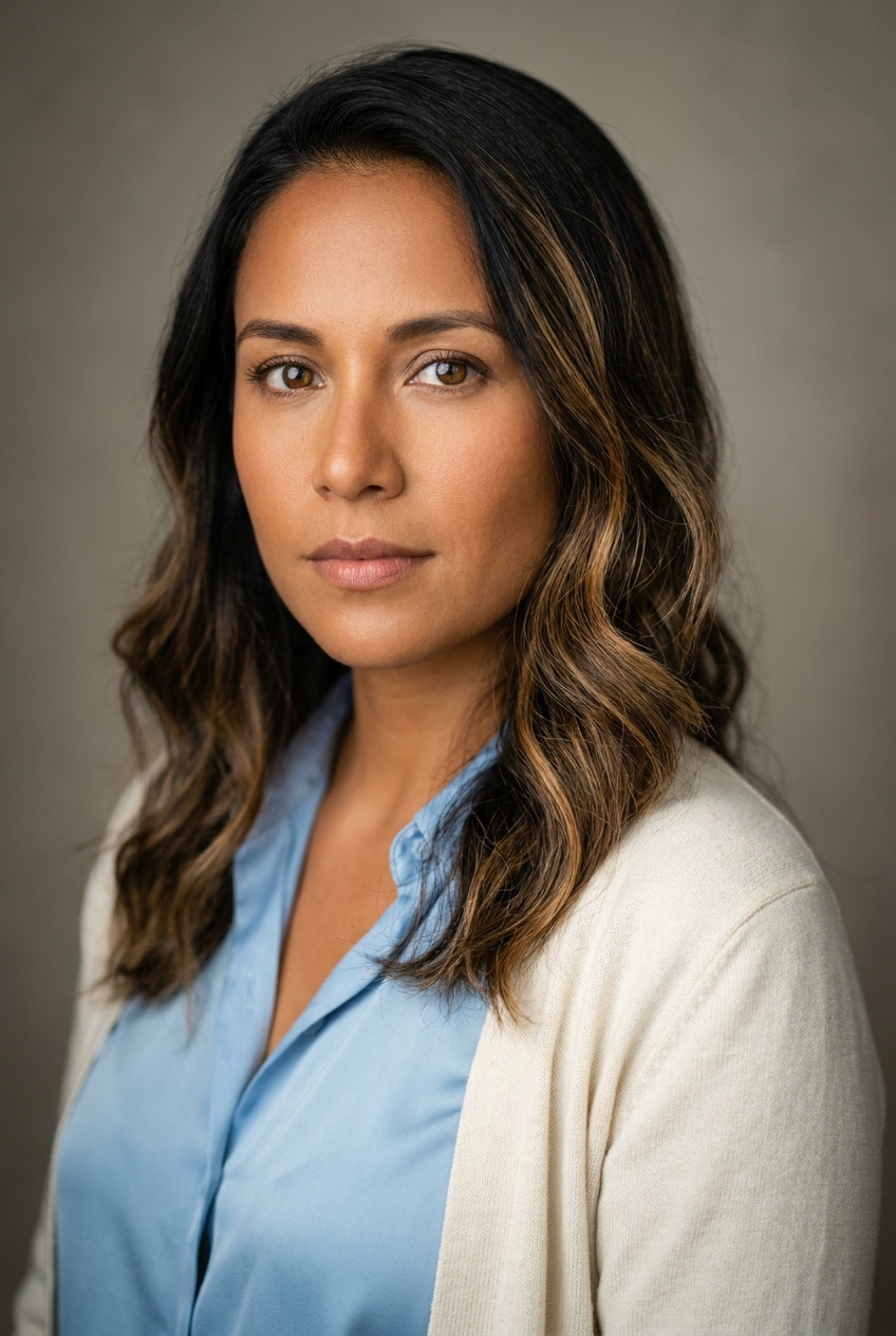 A friendly Costa Rican woman in her early 30s, San-José-born and Zurich-based, who writes fast warm support replies. Warm tan complexion with a healthy sun-kissed glow. Dark wavy hair worn shoulder-length with natural honey-brown balayage highlights, parted to one side. Warm brown eyes, soft brows. Slight build. A soft sky-blue silk blouse under a cream cardigan, cream trousers, tan loafers, small gold studs. Distinguishing feature: the natural honey-brown balayage highlights running through her dark wavy hair — warm sun-lightened strands that frame her open, friendly face.