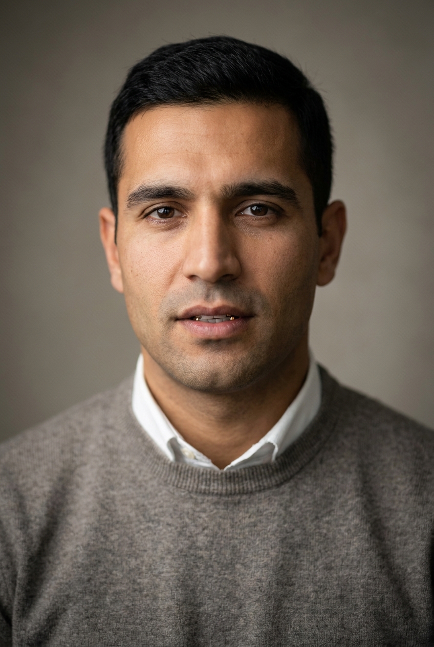 A methodical Azerbaijani man in his mid-30s, Baku-born and Zurich-based, the build-time linguistic tokeniser. Warm olive complexion. Dark hair worn short and neat, clean-shaven with a strong jaw. Warm dark eyes, strong straight brows. Average build. A warm-grey fine-knit jumper over a white collared shirt, indigo wool trousers, brown leather shoes. Distinguishing feature: a single gold-capped upper tooth, visible when he speaks — a warm, old-world detail that distinguishes his otherwise precise modern appearance.