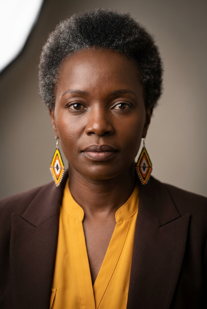 A warm Kenyan woman in her mid-40s, Nairobi-born and Zurich-based, an educator by vocation. Rich deep-brown complexion with healthy luminosity. Hair worn natural and close-cropped, a short grey-flecked afro showing dignified early silver. Warm dark-brown eyes, strong defined brows, full mouth. Average build with calm authority. A marigold-yellow structured blouse under a deep-brown tailored blazer, deep-brown trousers, brown leather loafers. Distinguishing feature: bold geometric beaded earrings in Maasai-inspired colours framing her face — a striking cultural marker against the close-cropped grey-flecked afro.