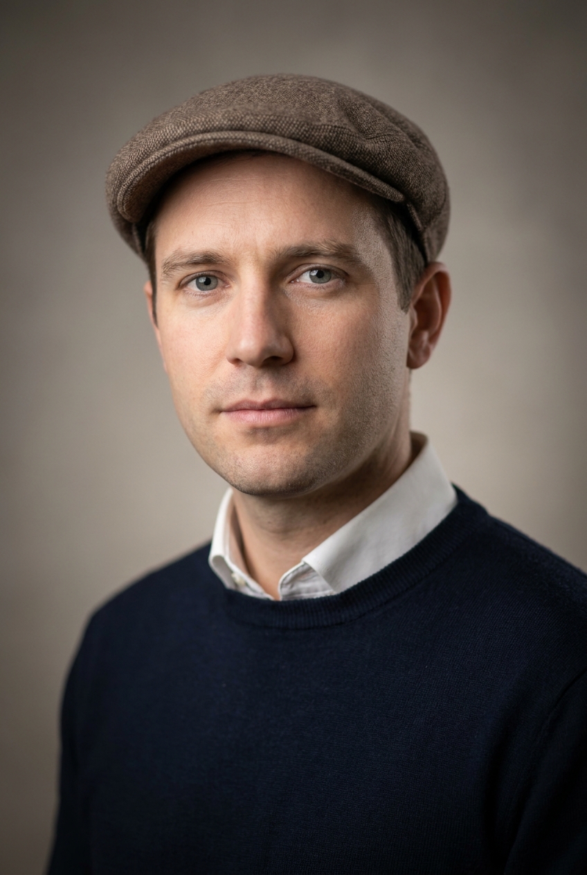 A multilingual Luxembourgish man in his late 30s, Luxembourg-City-born and Zurich-based, naturally polyglot. Fair complexion, neat short brown hair, clean-shaven, calm grey-blue eyes. Slim build. A navy fine-knit jumper over a white collared shirt, grey trousers, brown shoes. Distinguishing feature: a soft tweed flat cap worn habitually — a quiet European-everyman signature he is rarely seen without.