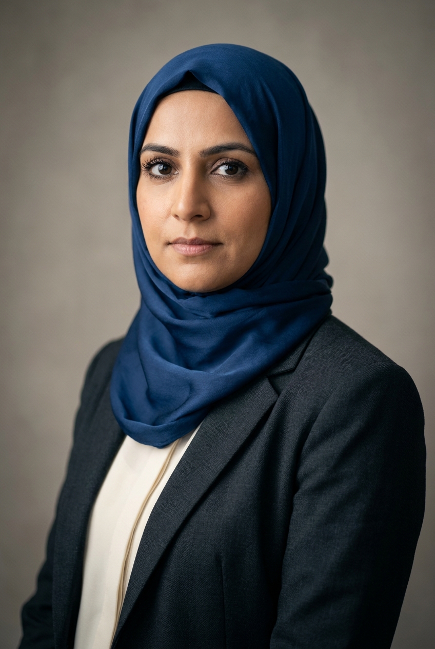 A composed Pakistani woman in her late 30s, Lahore-born and Zurich-based, a compliance specialist with a legal background. Warm light-brown complexion, fine features, dark expressive eyes with thick lashes, defined brows. She wears an elegant silk hijab in a deep signature sapphire-blue, draped neatly and professionally, framing her face. Slim build, calm precise posture. The sapphire hijab over a charcoal structured blazer and a cream blouse, slim charcoal trousers, soft black loafers. Distinguishing feature: the elegant deep sapphire-blue silk hijab worn with structured corporate attire — a dignified, instantly identifying signature.