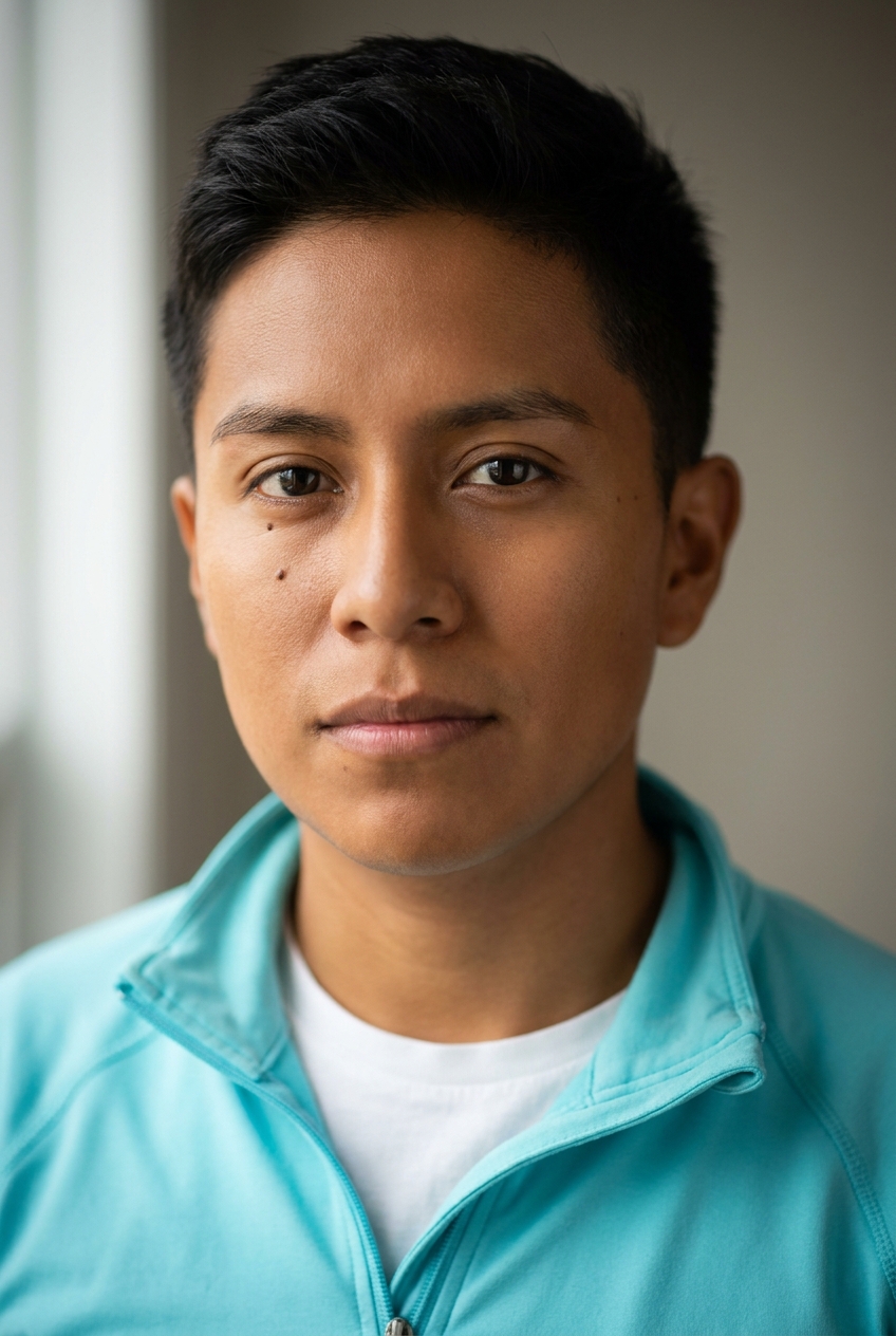 A warm Guatemalan non-binary person in their late 20s, Guatemala-City-born and Zurich-based, who reliably delivers the trial report email. Warm bronze complexion with Indigenous Guatemalan features, dark almond eyes, dark brows, clean-shaven, soft warm expression. Black hair worn in a neat modern cut, short and tidy. Slight build. A bright aqua technical zip-top over a white tee, slim cream trousers, white trainers, minimal silver jewellery. Distinguishing feature: a small natural beauty mark just below the outer corner of the left eye — a delicate teardrop-placed mark that draws warmth toward their open, friendly expression.