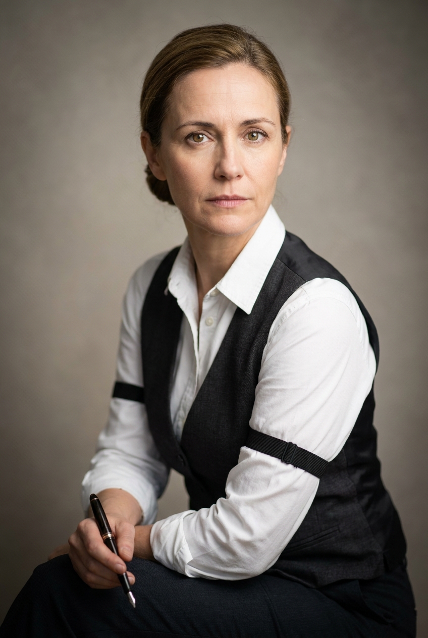 A rigorous Galician woman in her early 40s, Santiago-de-Compostela-born (Galicia, Spain) and Zurich-based, who validates the reconstructed data layer by layer. Fair complexion with warm undertones and light age-weathering. Dark-blonde hair worn in a neat low bun. Hazel eyes, defined brows, an exacting expression. Slim build with precise posture. A crisp white shirt with the sleeves rolled and held by black elasticated bookkeeper's sleeve garters at the upper arm, a charcoal waistcoat, slim charcoal trousers, a fountain pen in hand. Distinguishing feature: the black bookkeeper's sleeve garters worn over rolled white shirtsleeves — a precise old-world bookkeeping touch that signals her layer-by-layer rigour.
