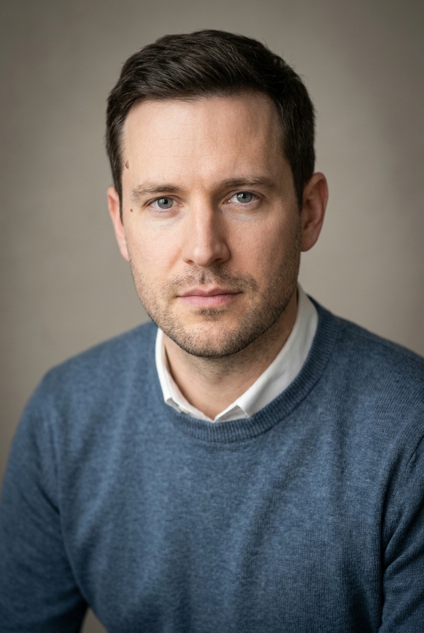 A methodical Serbian man in his late 30s, Belgrade-born and Zurich-based, a statistical-randomisation specialist. Pale complexion with cool undertones, strong angular Slavic features, a light five-o'clock shadow. Dark-brown hair worn short and close-cropped, neat. Pale grey eyes, strong straight brows. Average athletic build. A cool steel-blue fine-knit jumper over a white collared shirt, slim black trousers, dark leather sneakers, a simple steel watch. Distinguishing feature: a small distinct natural mole on his left temple, just at the hairline — a quiet, precise facial marker against close-cropped hair.