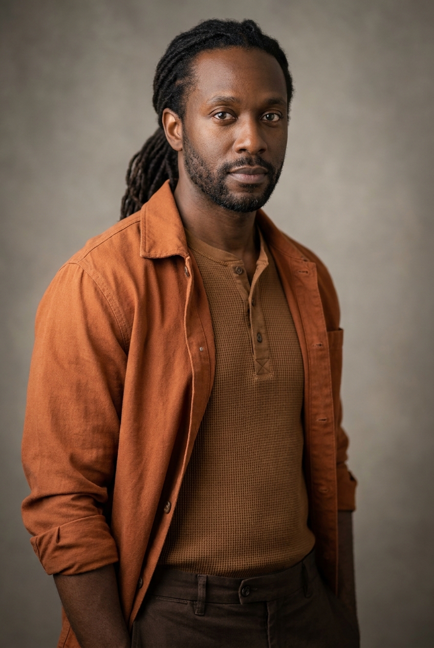 A creative Jamaican-British man in his early 40s, Kingston-born, London-raised, now Zurich-based. Rich deep-brown complexion with healthy luminosity. Shoulder-length locs (dreadlocks), neat and well-maintained, gathered and tied back loosely at the nape of the neck. A short neatly trimmed dark beard. Warm dark-brown eyes, strong brows. Athletic build with broad shoulders. A tobacco-brown waffle-knit henley under an unstructured burnt-orange canvas overshirt with the sleeves pushed up, slim dark walnut-brown trousers, brown leather boots. Distinguishing feature: his shoulder-length locs tied back at the nape — a distinctive, well-kept hairstyle that sets his silhouette apart in any image.