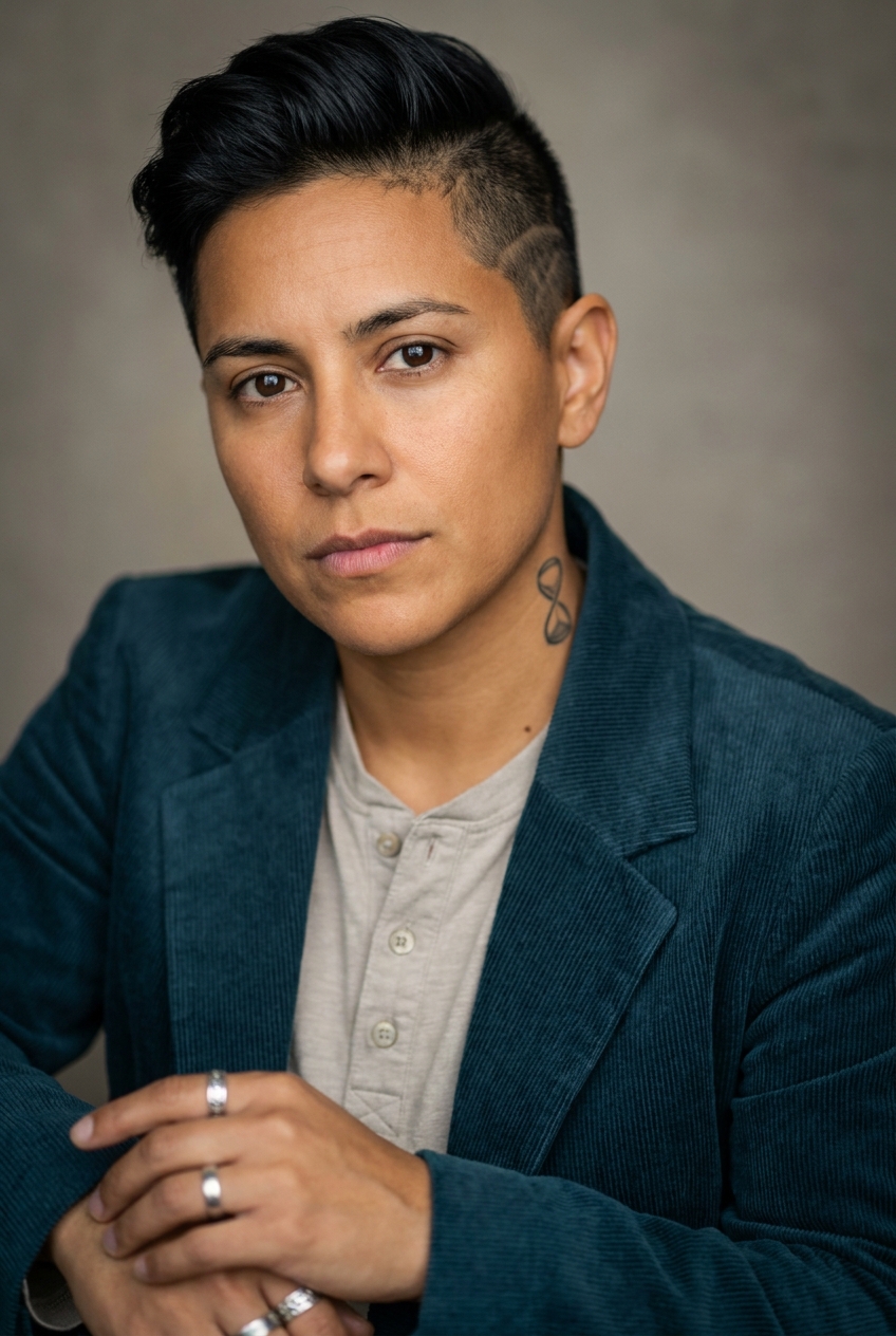 A wiry Greek-Swiss non-binary person in their early 30s, Athens-born and Zurich-based. Warm Mediterranean complexion with a light tan, dark coffee-brown eyes, dark naturally defined eyebrows, clean-shaven. Black hair shaved very close on both sides with a longer textured top swept back, the sides catching the light to reveal a faint geometric undercut pattern. Slim build. Stone-coloured fitted henley under an unstructured deep-teal corduroy blazer with the sleeves pushed up to the elbows, slim dark indigo jeans, leather work boots. Multiple thin silver rings on the fingers of both hands. Distinguishing feature: a single small mathematical-symbol tattoo (a stylised infinity sign rotated to look like an hourglass, smaller than a thumbnail) on the side of the neck just below the left ear.