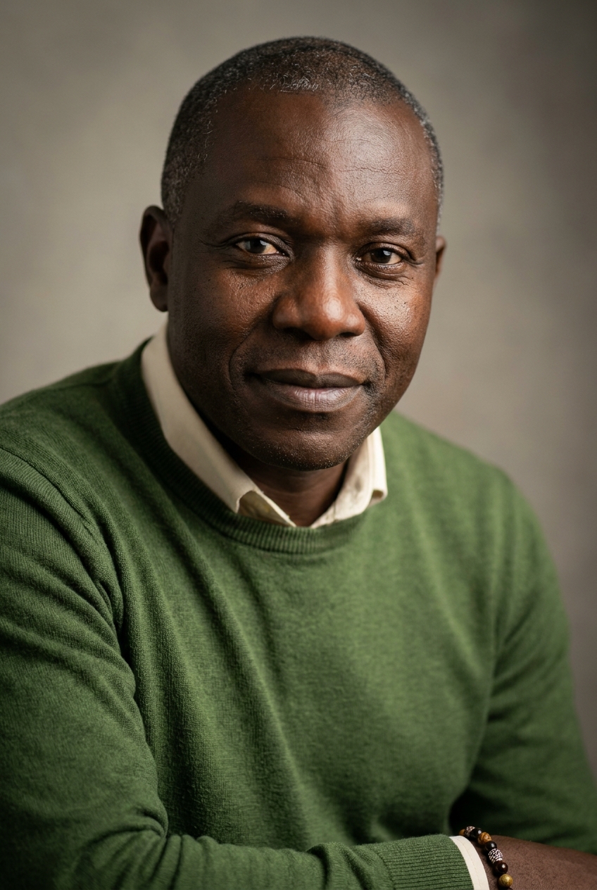 A warm Ugandan man in his early 40s, Kampala-born and Zurich-based, who sets the welcoming tone and acknowledges each learner's language preference. Rich deep-brown complexion with healthy luminosity. Hair worn close-cropped, flecked with early grey. Warm dark eyes, deep laugh lines around the eyes and mouth, a genuinely warm expression. Average build with welcoming presence. A rich warm-green fine-knit jumper over a cream collared shirt, brown trousers, brown leather shoes, a beaded bracelet on the right wrist. Distinguishing feature: deep warm laugh lines around the eyes and mouth paired with close-cropped grey-flecked hair — the open, welcoming face of a man who greets people for a living.
