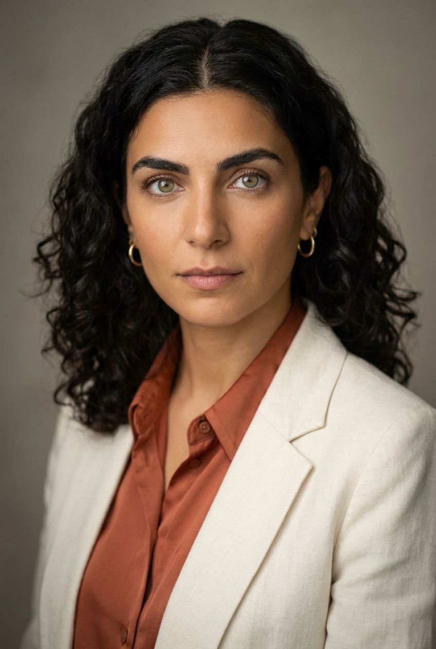 A multilingual Maltese woman in her mid-30s, Valletta-born and Zurich-based, who handles the welcome in twelve languages. Warm olive Mediterranean complexion. Dark curly hair worn shoulder-length and natural, parted in the middle. Strong dark eyebrows framing striking light hazel-green eyes — a vivid Mediterranean contrast. Slim build. A warm terracotta silk blouse under a cream linen blazer, cream trousers, tan sandals, small gold hoop earrings. Distinguishing feature: striking light hazel-green eyes set against dark Mediterranean curls and strong dark brows — an arresting light-eyes-against-dark-hair contrast that anchors her face.